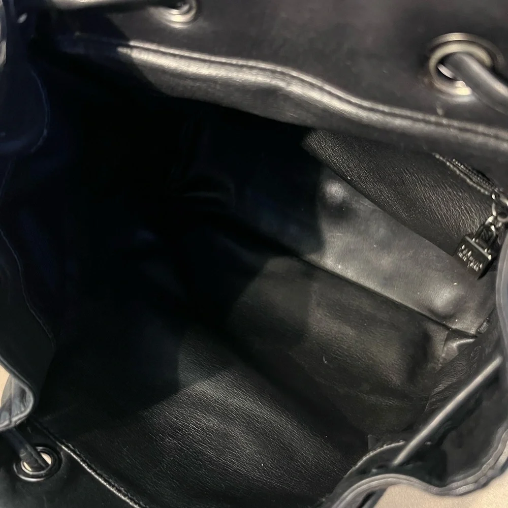Perlina NY Black Leather Drawstring Magnetic Flap Closure Backpack Backzip Entry